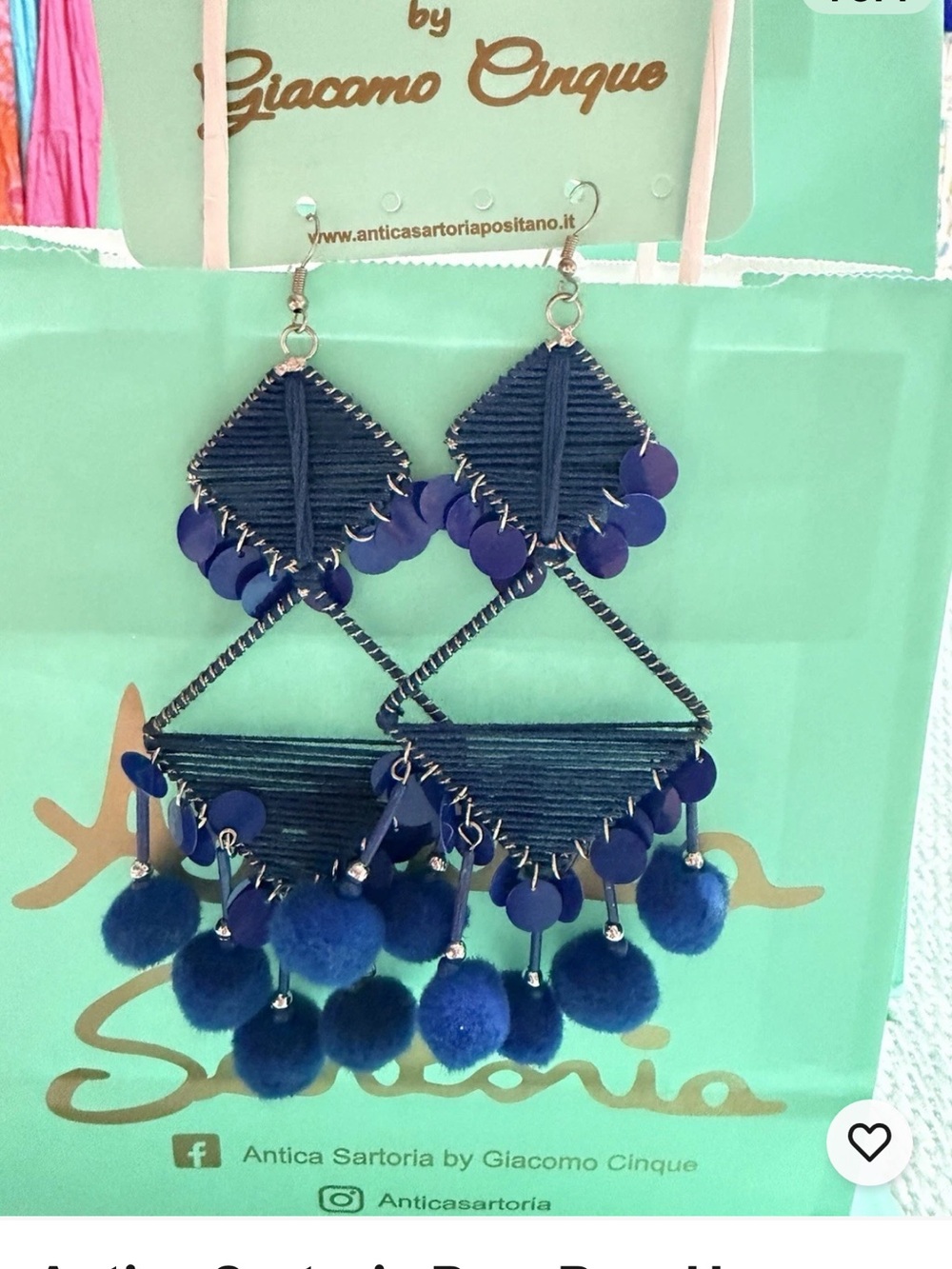 Antica Sartoria Triangle Navy Pom-Pom Drop Earrings NWT
